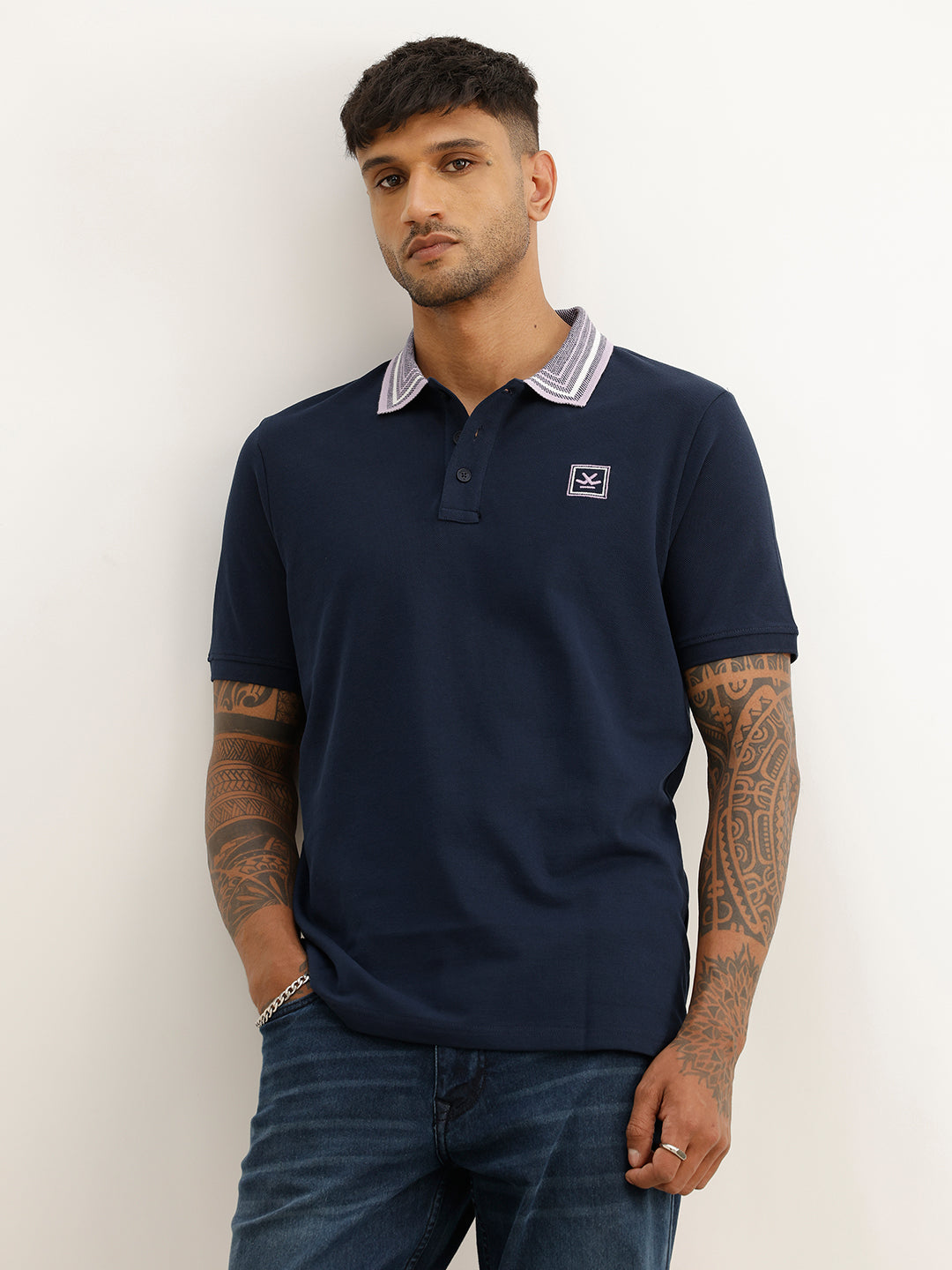 Slim Fit Contrast Collar Polo T-Shirt | Navy Blue