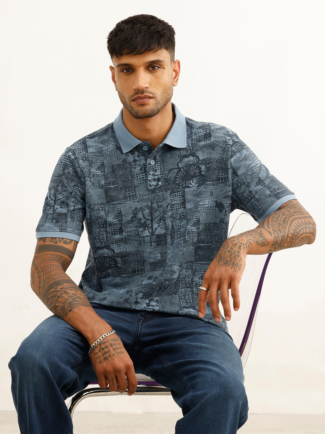 Slim Fit AOP Polo T-Shirt | Blue