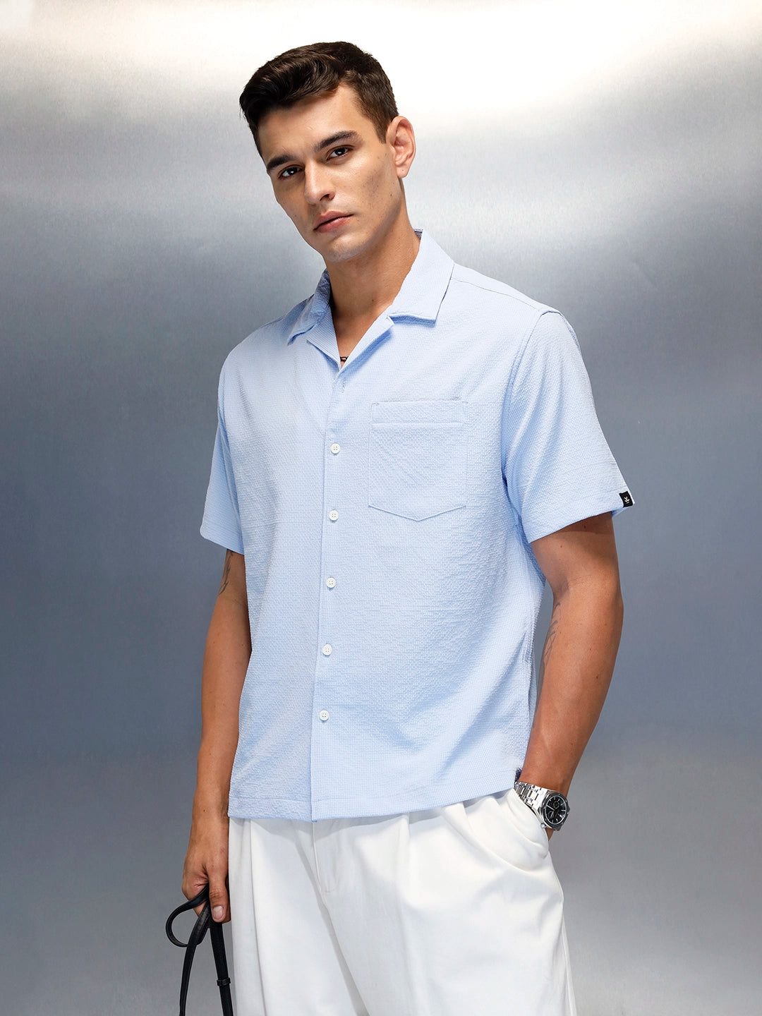 Textured Men's Casual Resort Collar Shirt | Blue