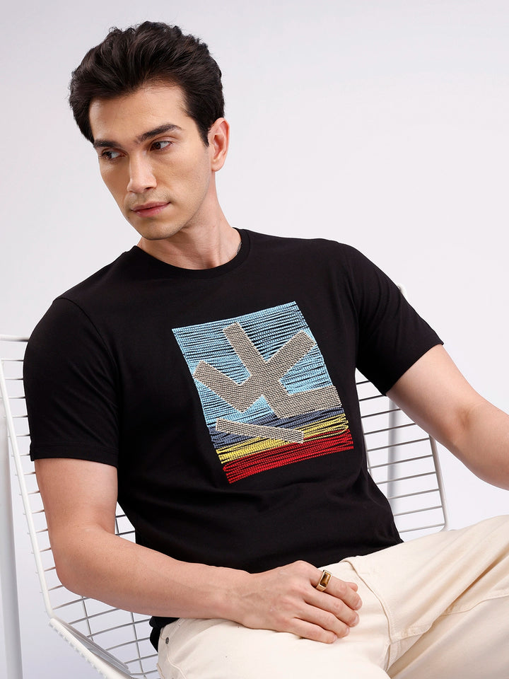 Slim Fit Embroidered Patch T-Shirt  | Black