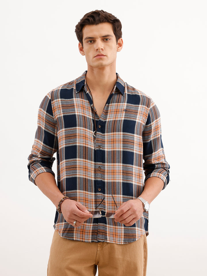 Classic Slim Fit Checkered Shirt  | Navy Blue