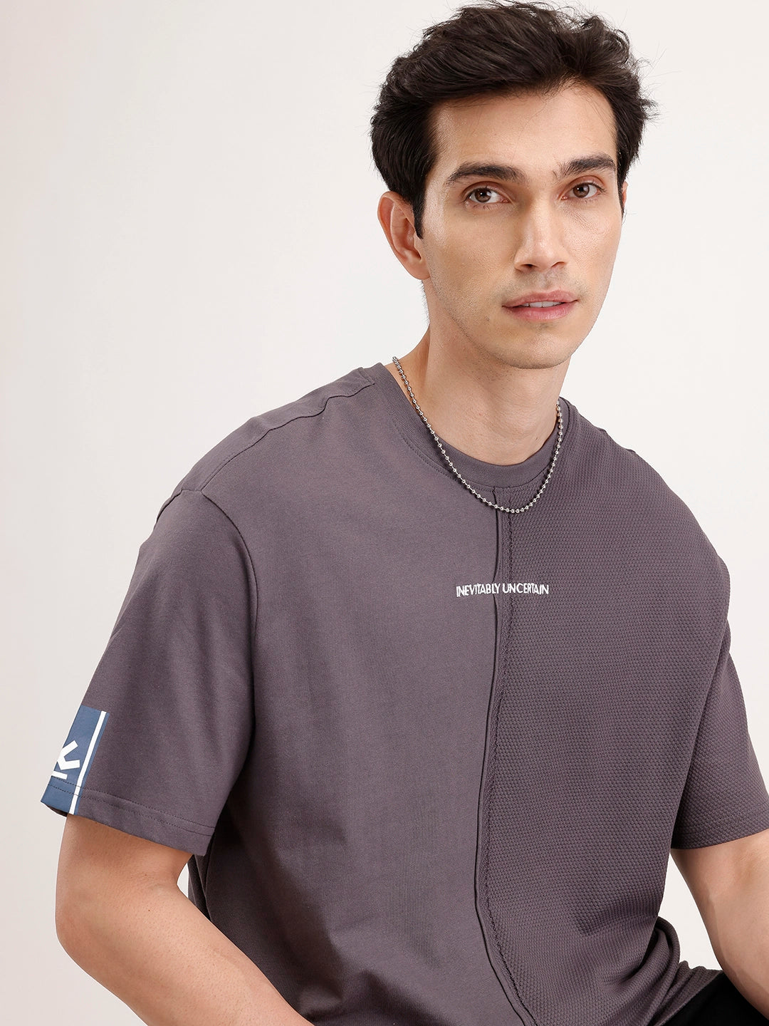 Oversized Popcorn Textured Cut & Sew T-Shirt | Dark Grey