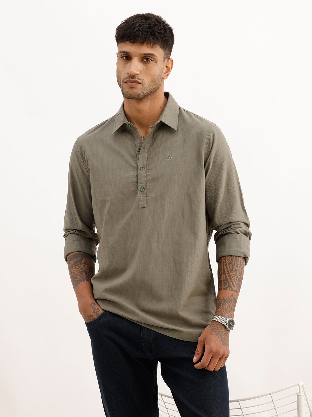 Textured Half Placket Full Sleeve Shirt | Olive