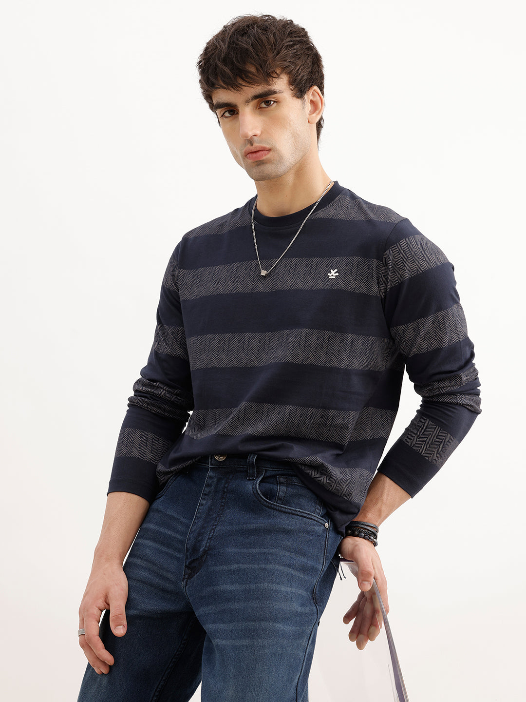 Slim Fit Striped Full Sleeve T-Shirt | Navy Blue | WKTS0446/NS