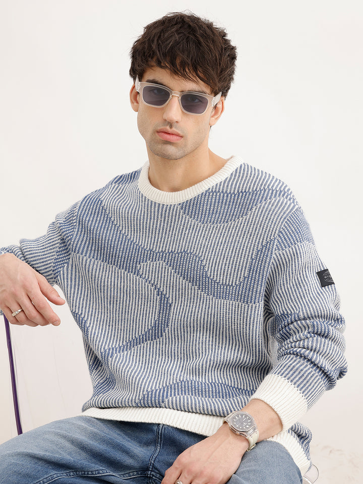 Regular Fit Jacquard Full Sleeve Sweater | Blue
