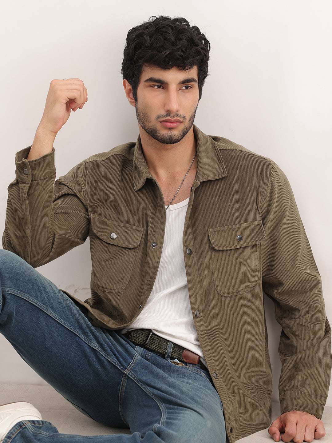 Solid Regular Fit Double Pocket Corduroy Jacket | Olive