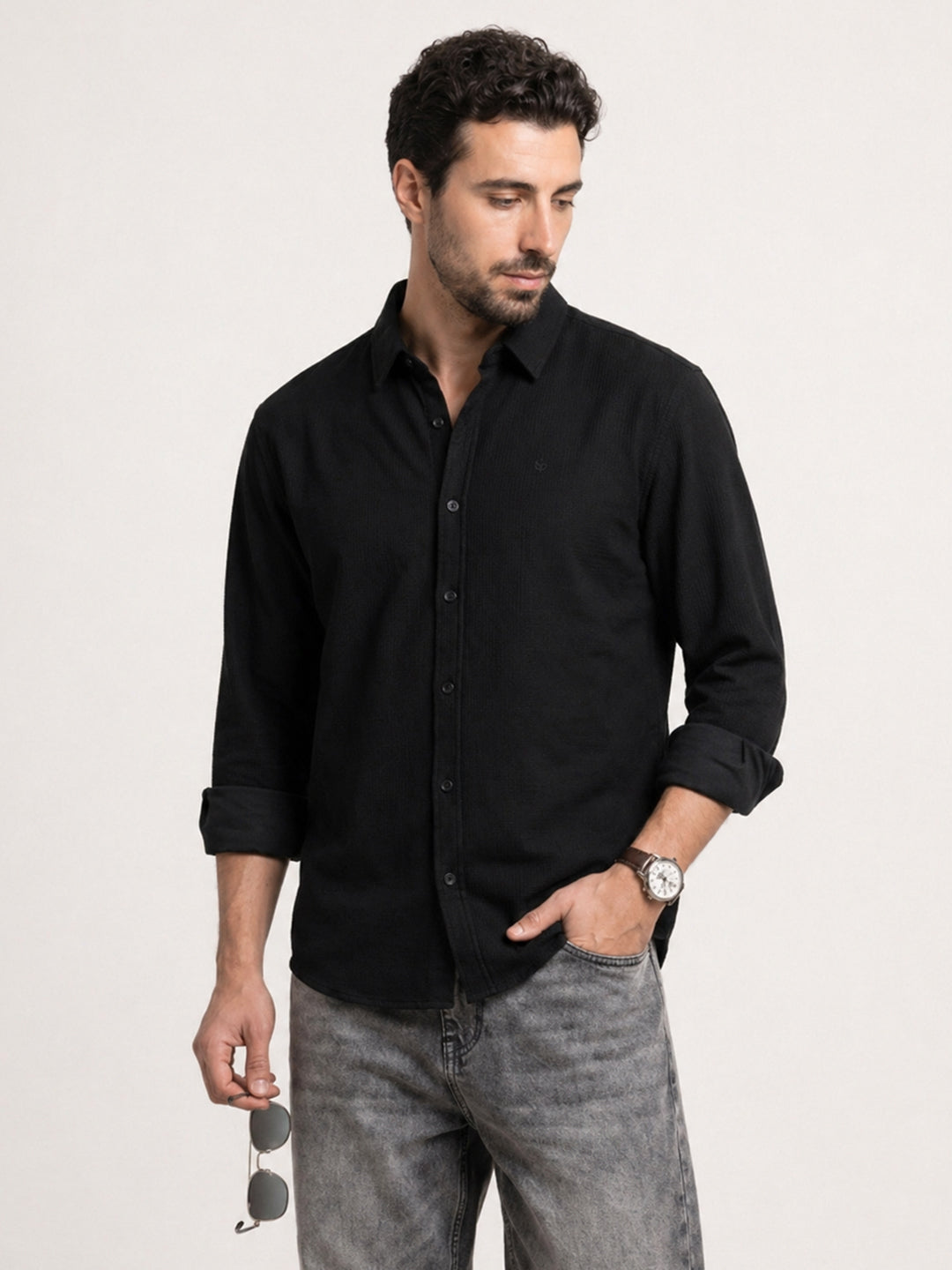 Solid Comfort Fit Full Sleeve Shirt | Black