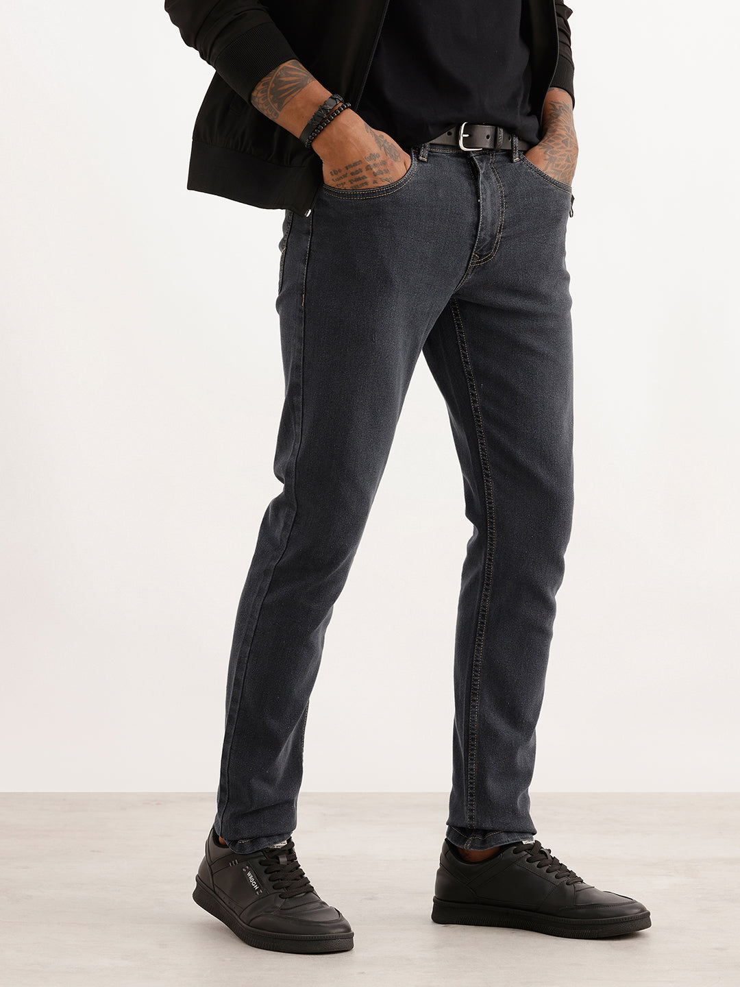 Contrast Stitch Slim Tapered Fit Denim Jeans | Grey