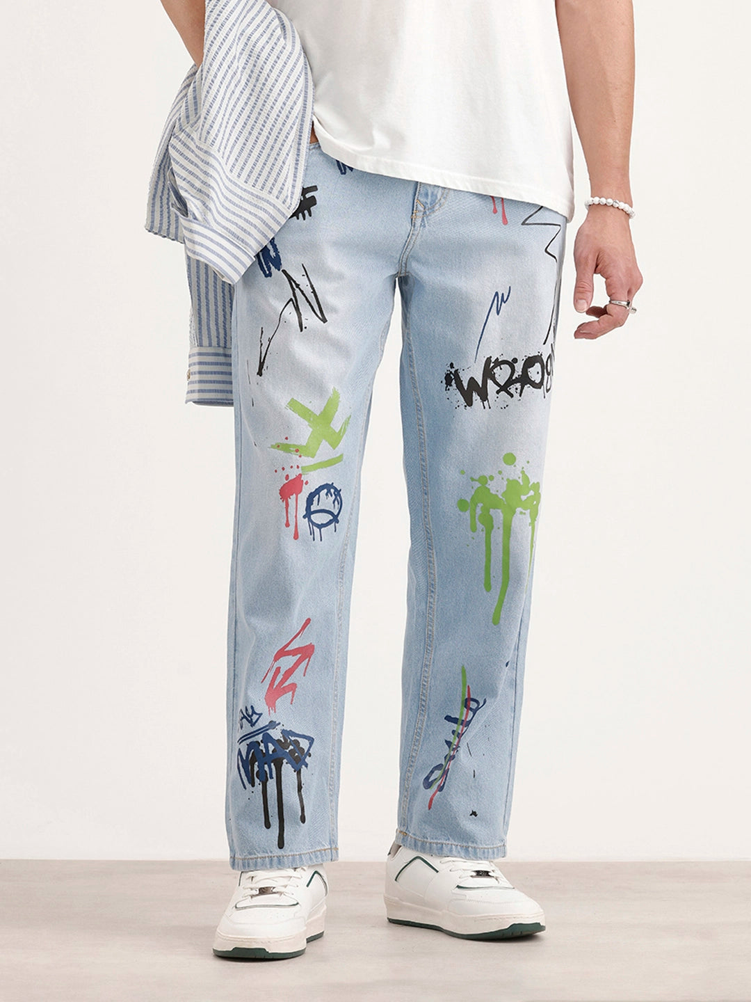 Loose Fit Placement Printed Denim Jeans | Light Blue