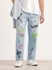 Loose Fit Placement Printed Denim Jeans | Light Blue