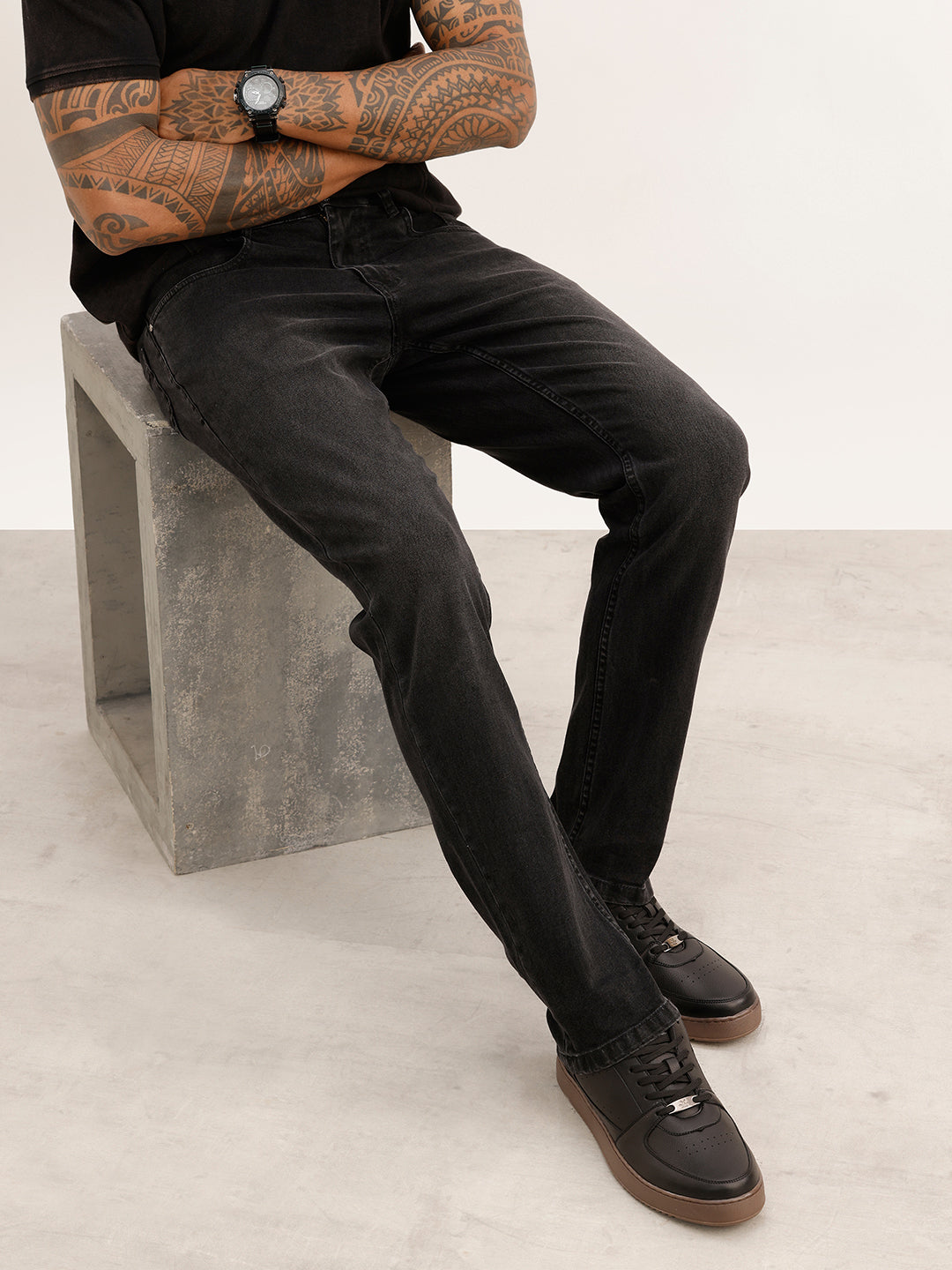 Washed Straight Fit Denim Jeans | Black