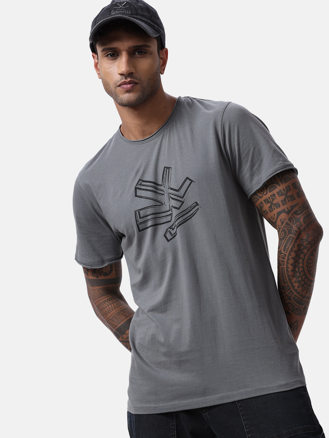 Charcoal Grey Chest Printed T-Shirt