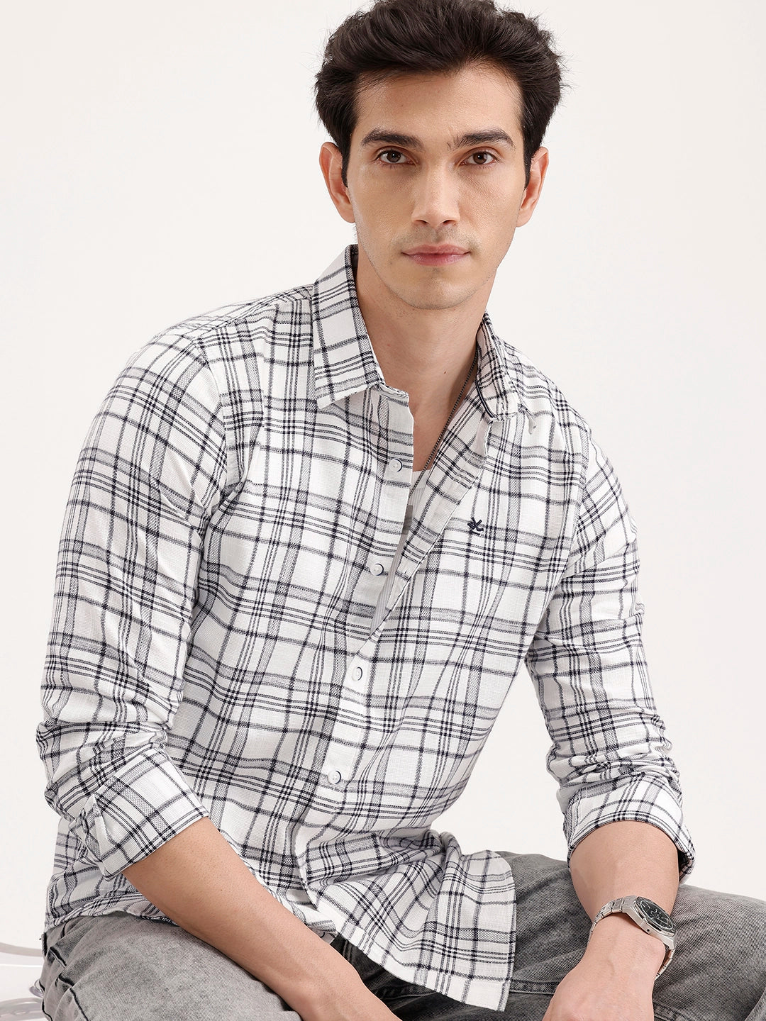 Slim Fit Checkered Shirt | White