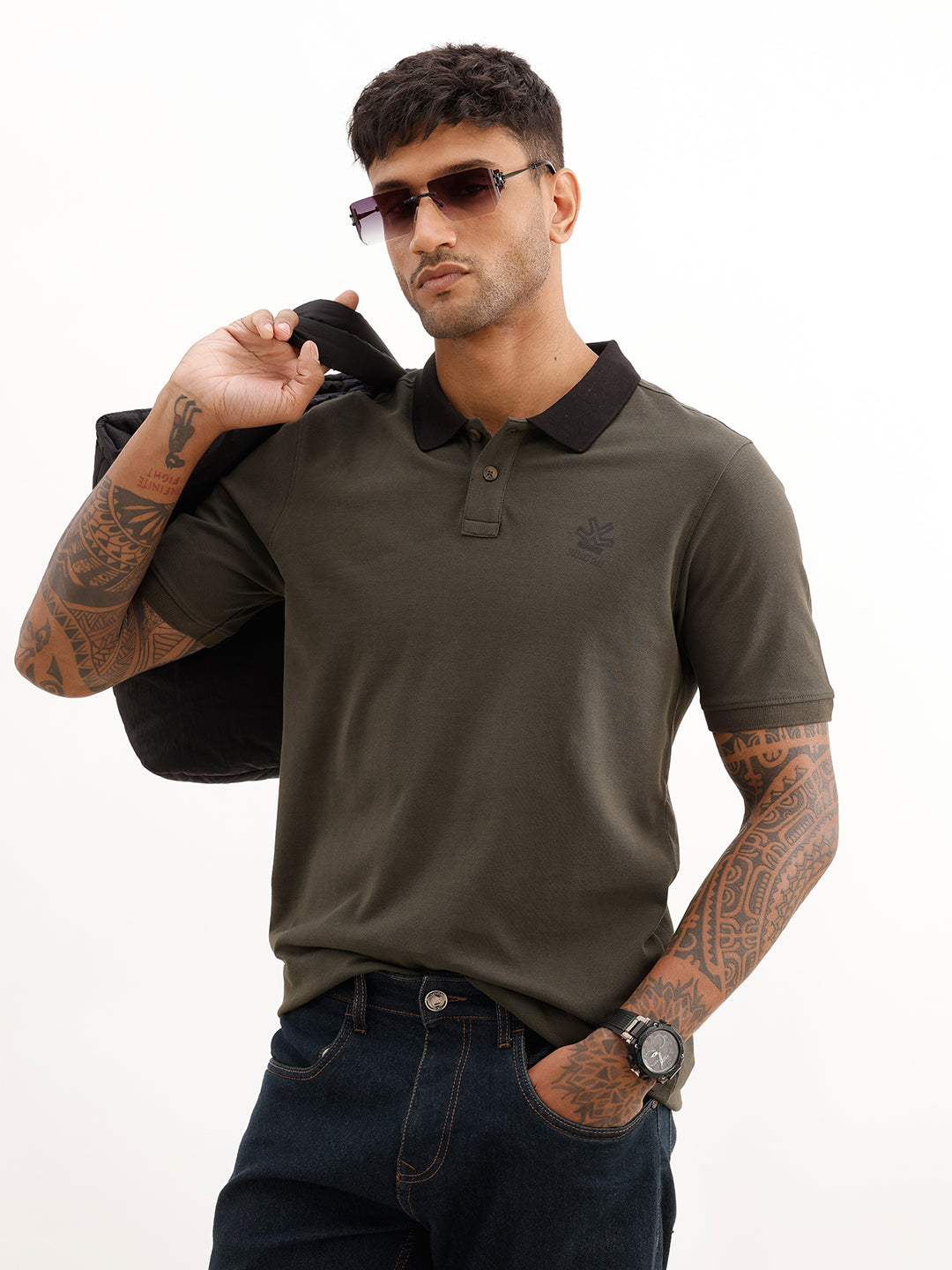 Slim Fit Contrast Collar Polo T-Shirt | Olive