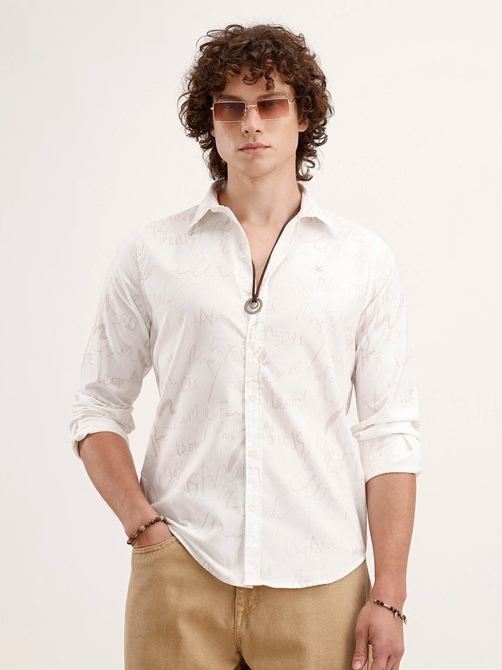 Textured Regular Fit AOP Shirt | White