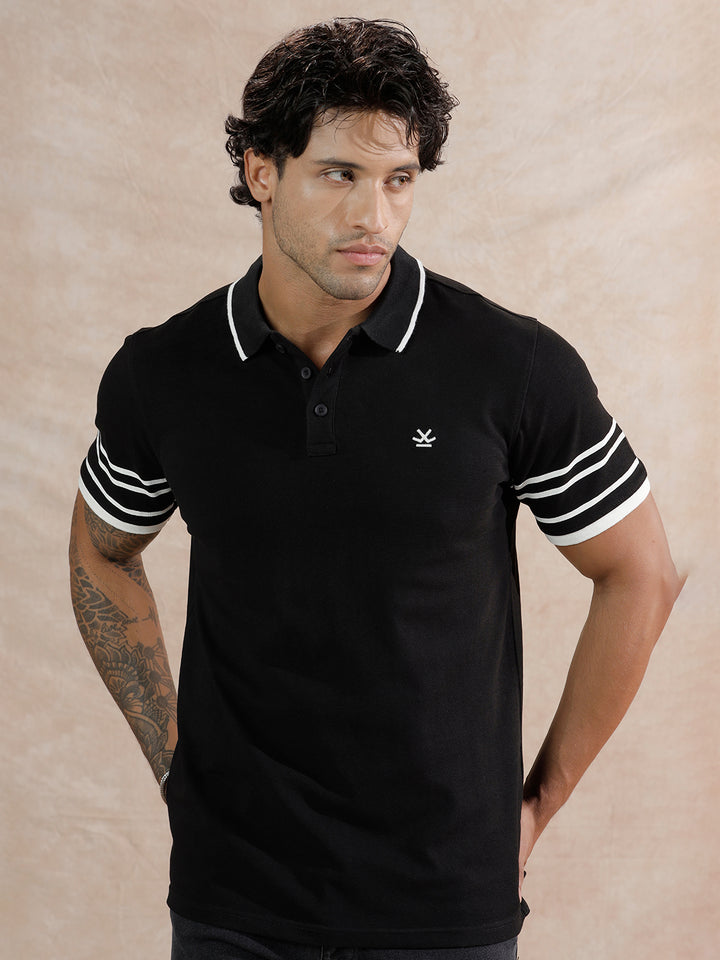 Striped Sleeve Polo T-Shirt | Black