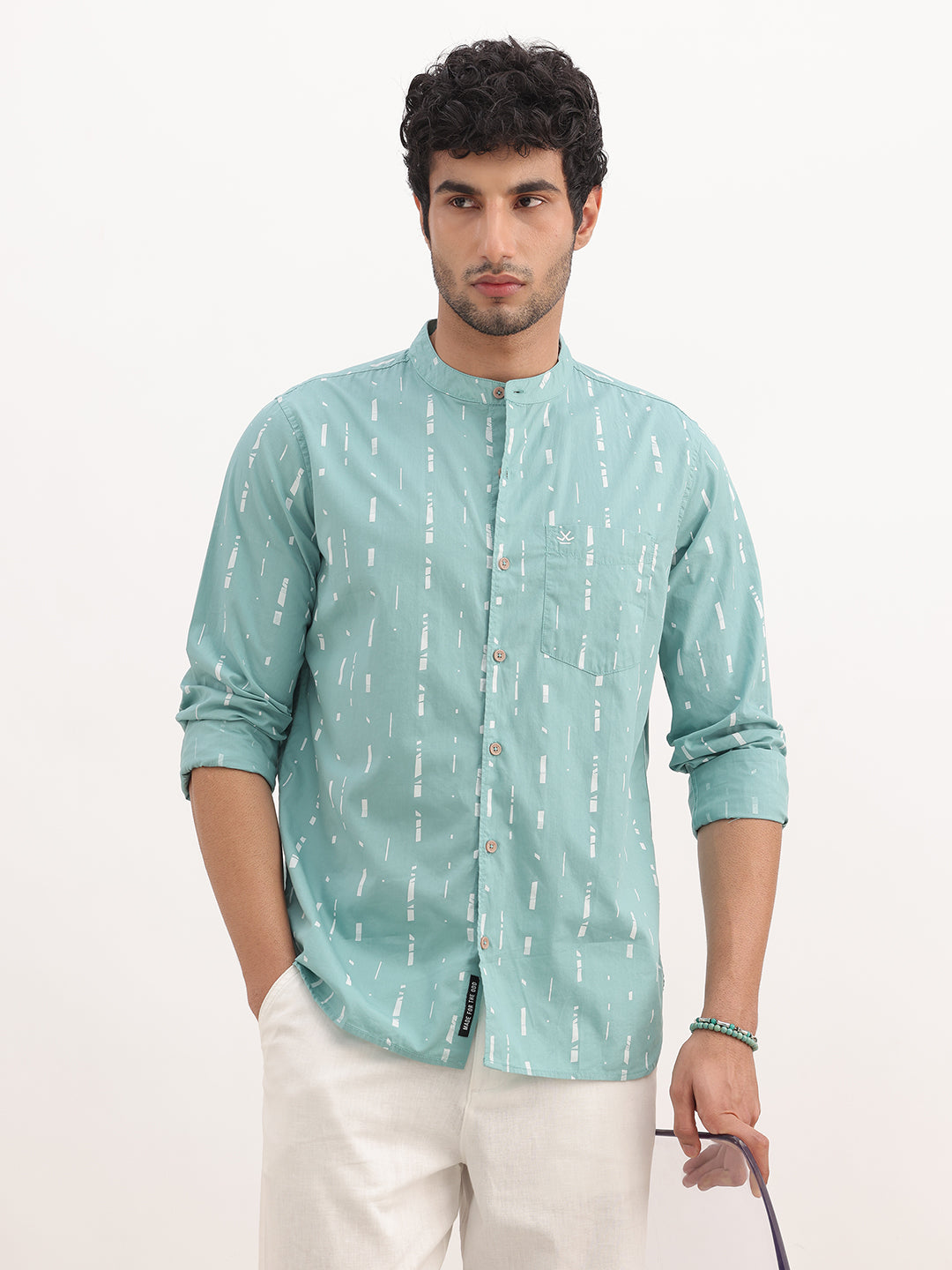 Slim Fit AOP Mandrin Collar Shirt | Green
