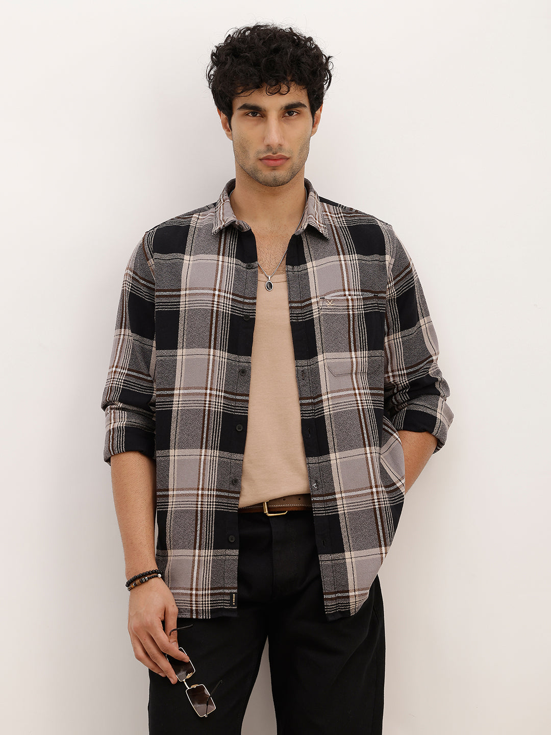 Slim Fit Checkered Full Sleeve Shirt | Black