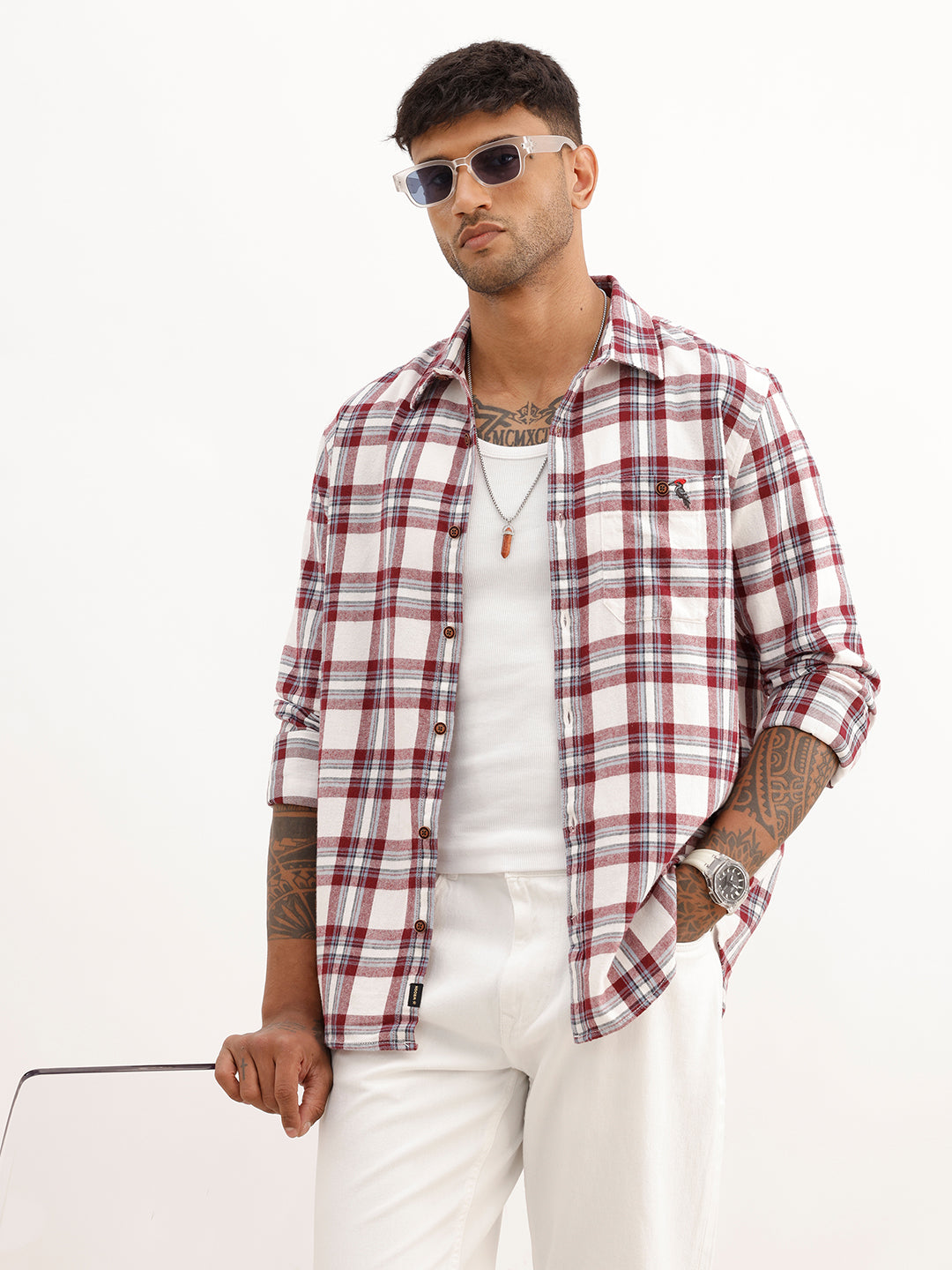 Slim Fit Embroidered Detail Checkered Shirt | Red