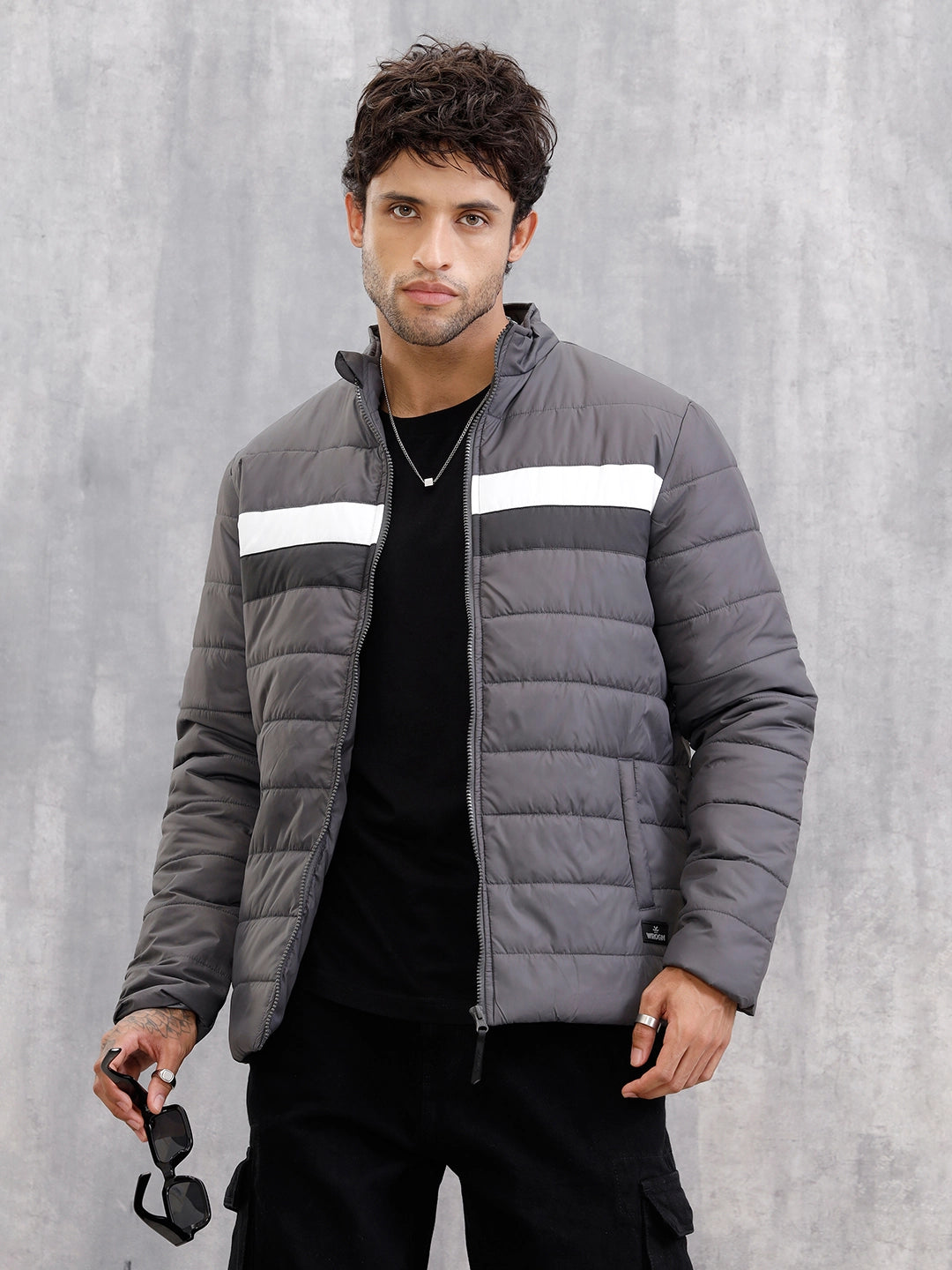 Quilted High Neck Regular Fit Jacket I Grey