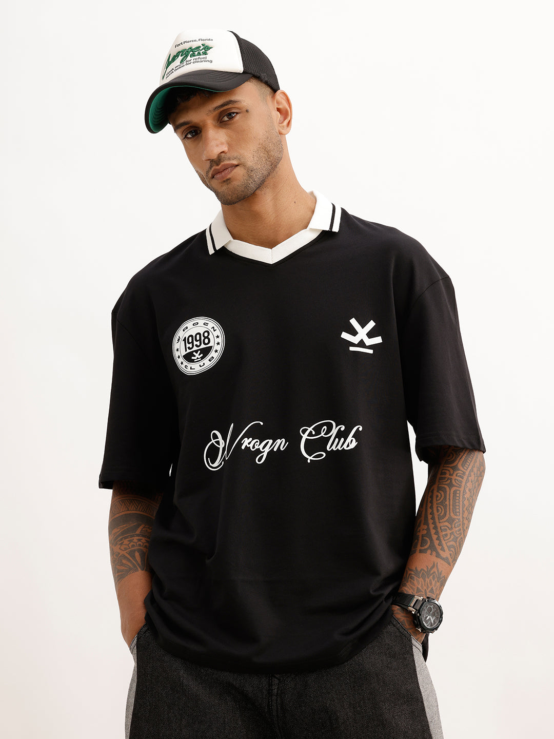 Oversized Placement Printed Polo T-Shirt | Black