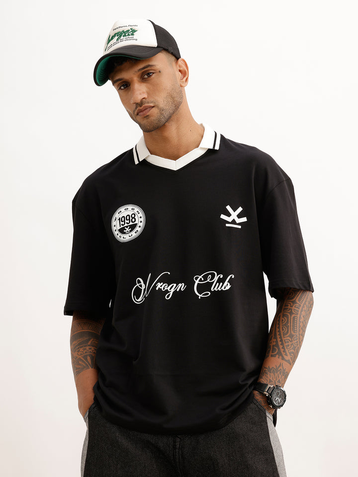 Oversized Placement Printed Polo T-Shirt | Black