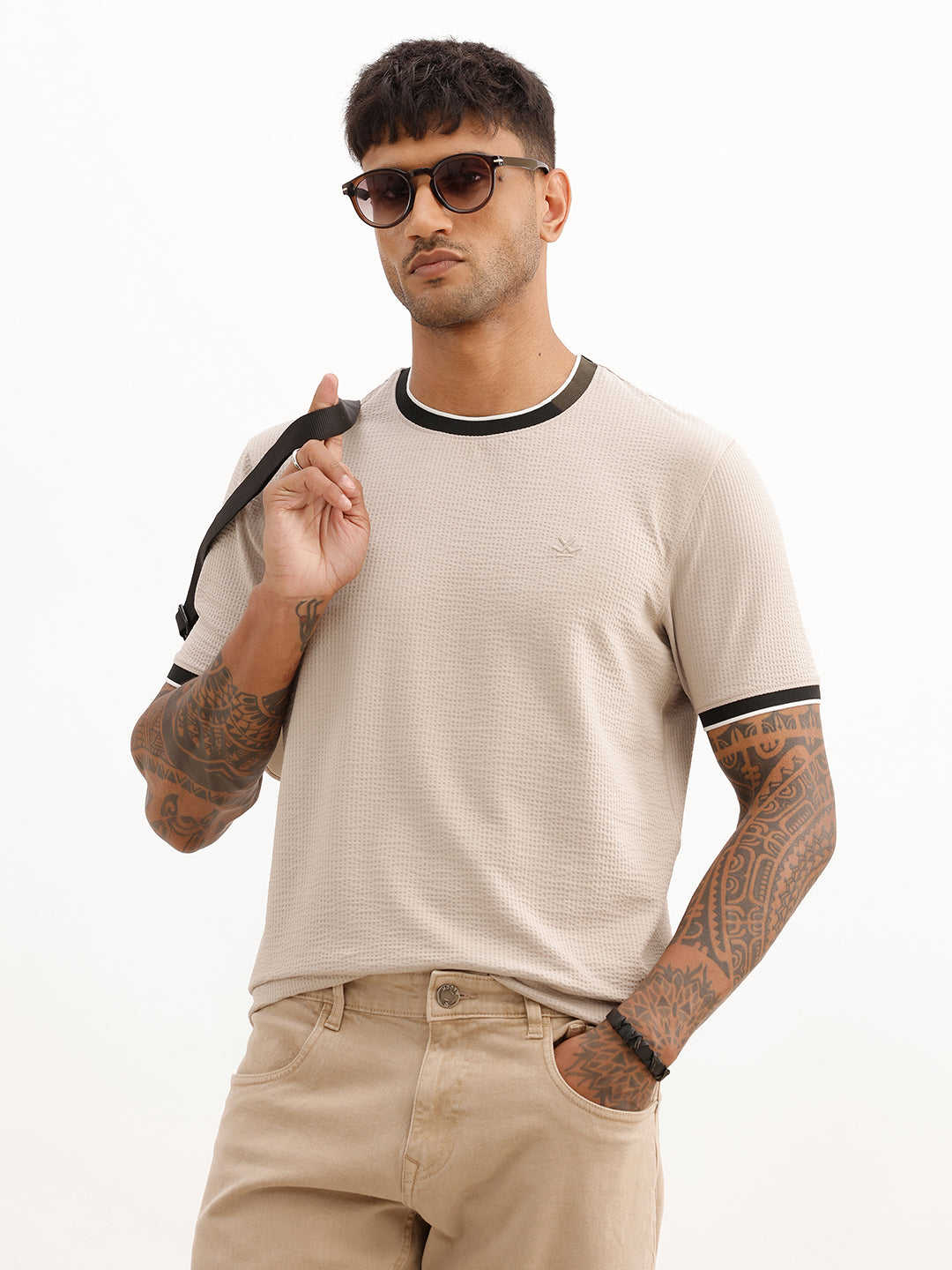 Slim Fit Textured Contrast Collar T-Shirt | Beige | WTS02HSSL1221S