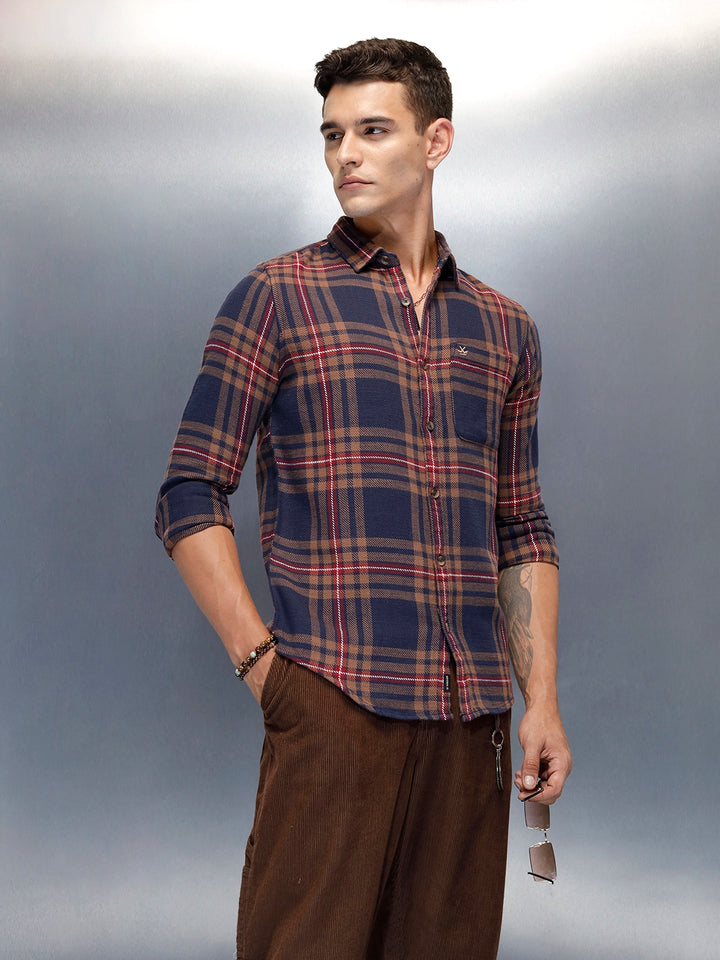Men's Casual Slim Fit Checkered Pattern Shirt | Navy Blue