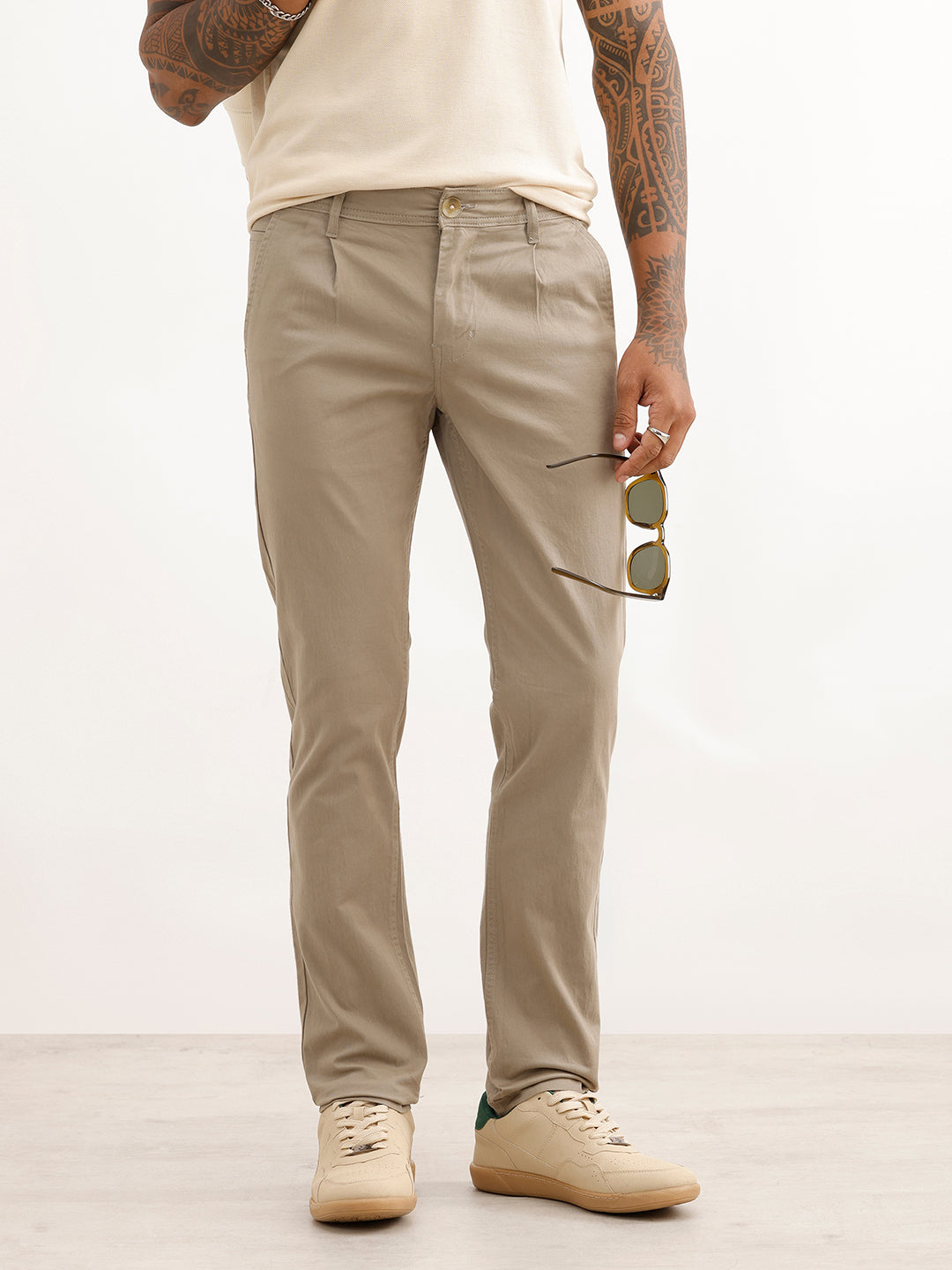 Solid Slim Fit Pleated Trouser | Grey