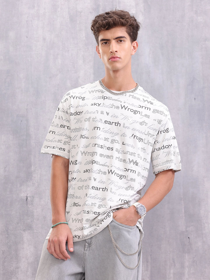 Typo Inspired Aop Oversized Fit T-shirt | Light Grey