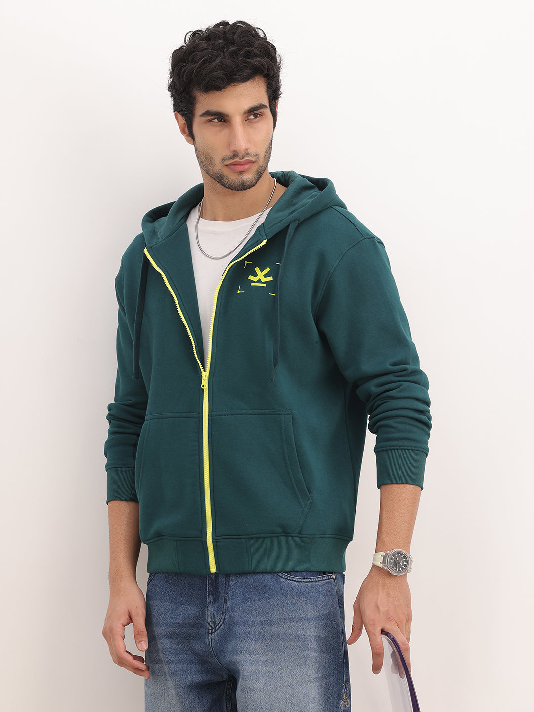 Solid Contrast Zipper Hooded Sweatshirt | Dark Green