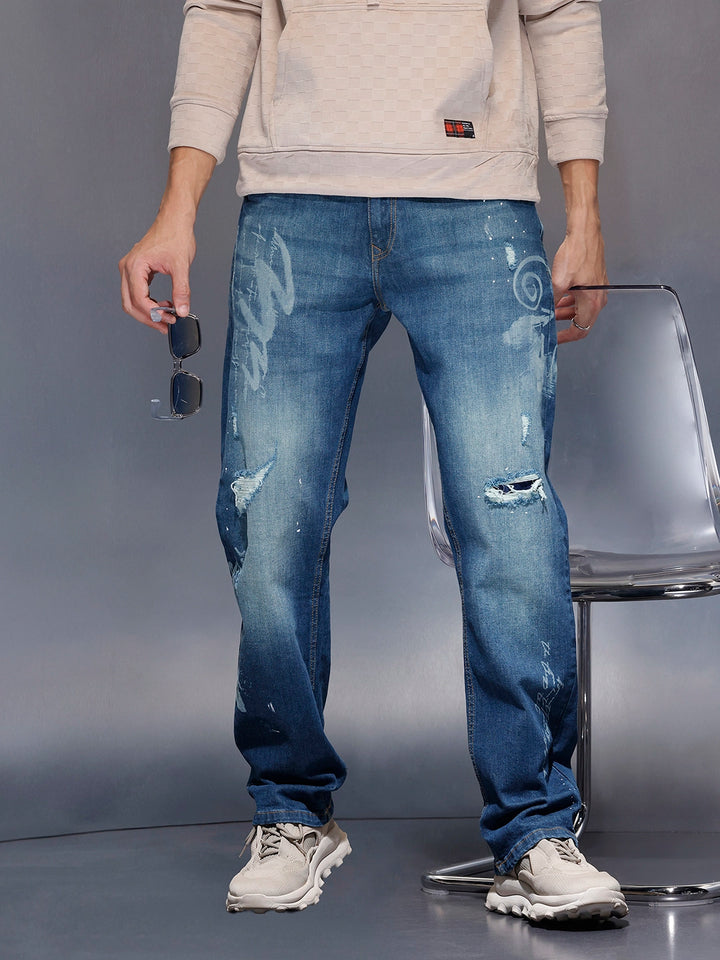 Men’s Rugged Wash Denim with Paint Splatter | Med Stone