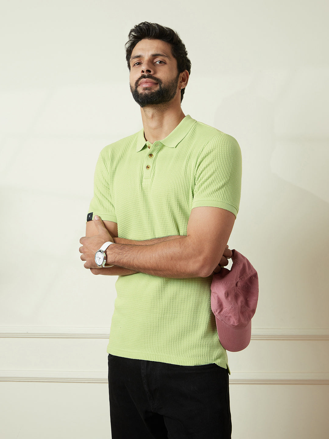 Textured Slim Fit Polo T-Shirt in Sage Green