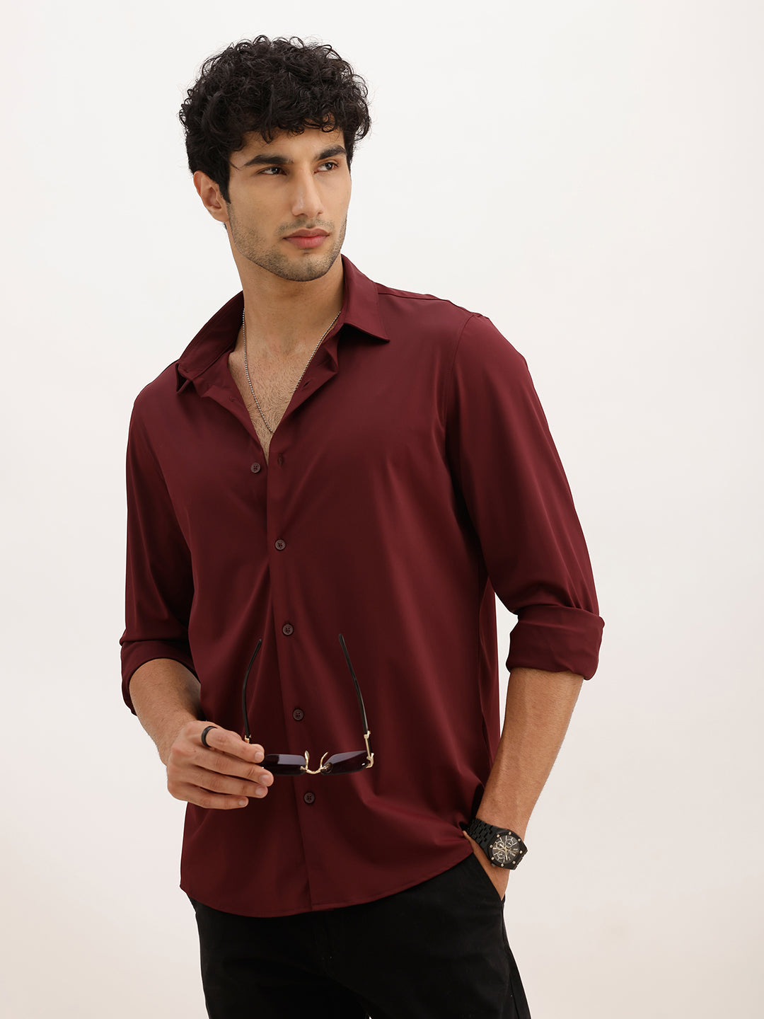 Solid Slim Fit Performance Stretch Shirt | Wine
