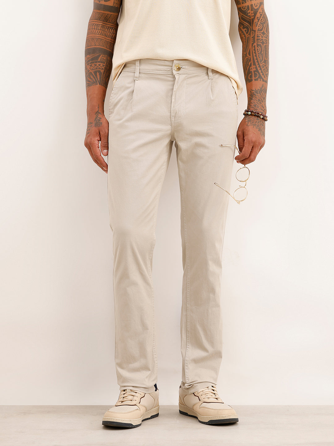Solid Slim Fit Pleated Trouser | Off White