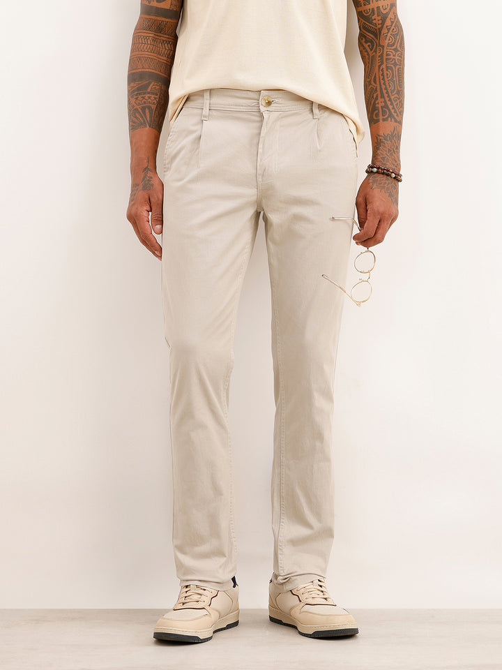 Solid Slim Fit Pleated Trouser | Off White