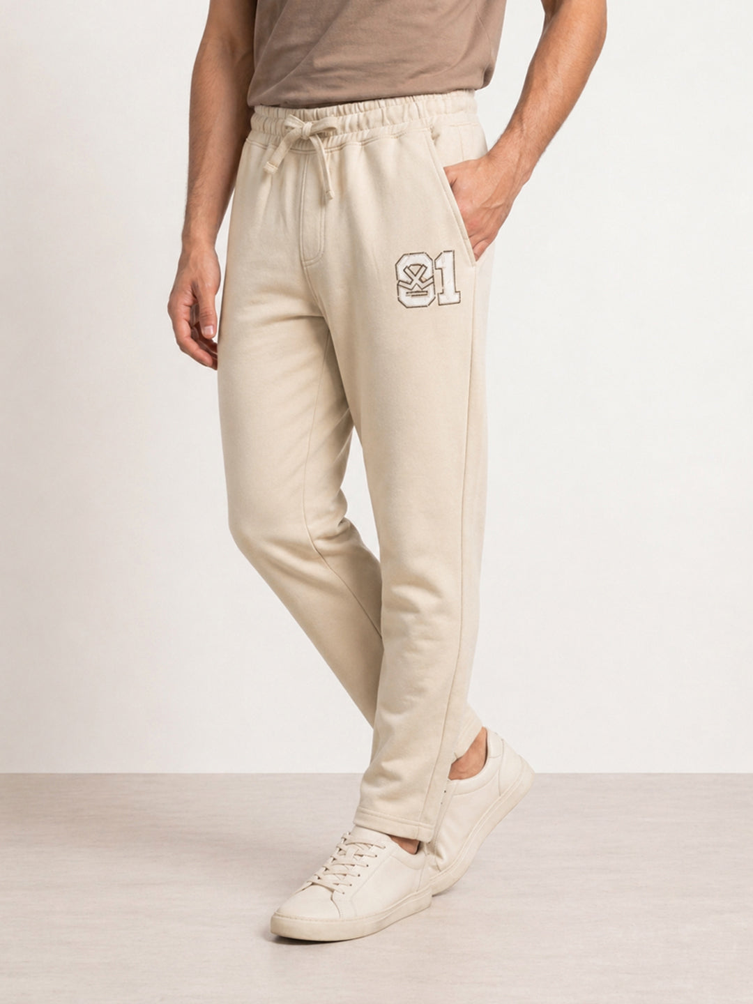 Solid Regular Fit Printed Jogger | Beige