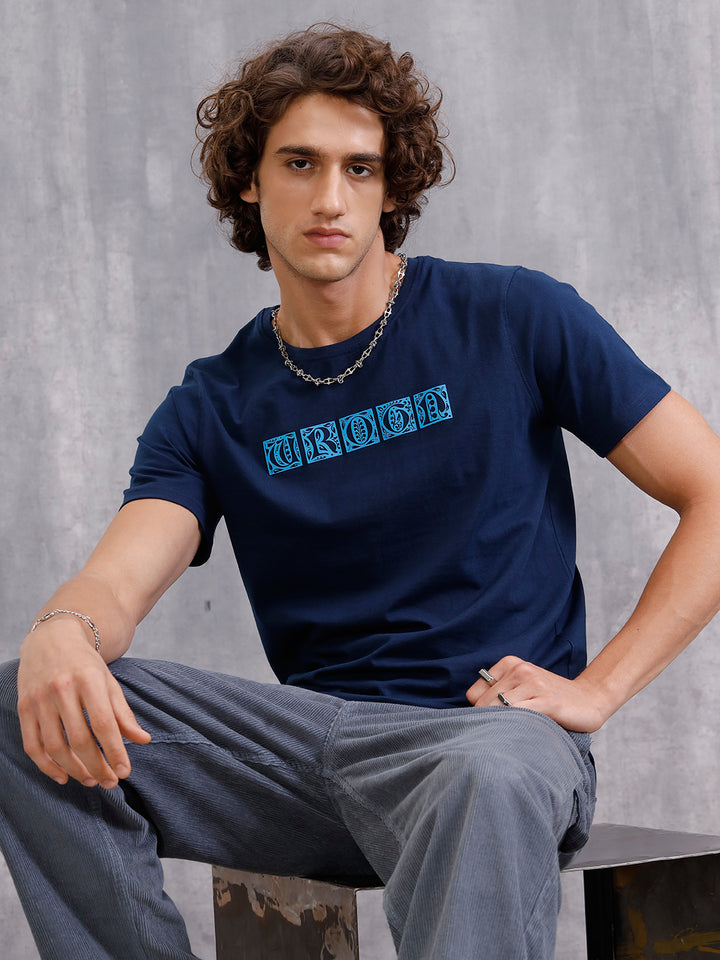 Ancient Script Inspired 3D Print Brand Carrier T-Shirt  | Navy Blue