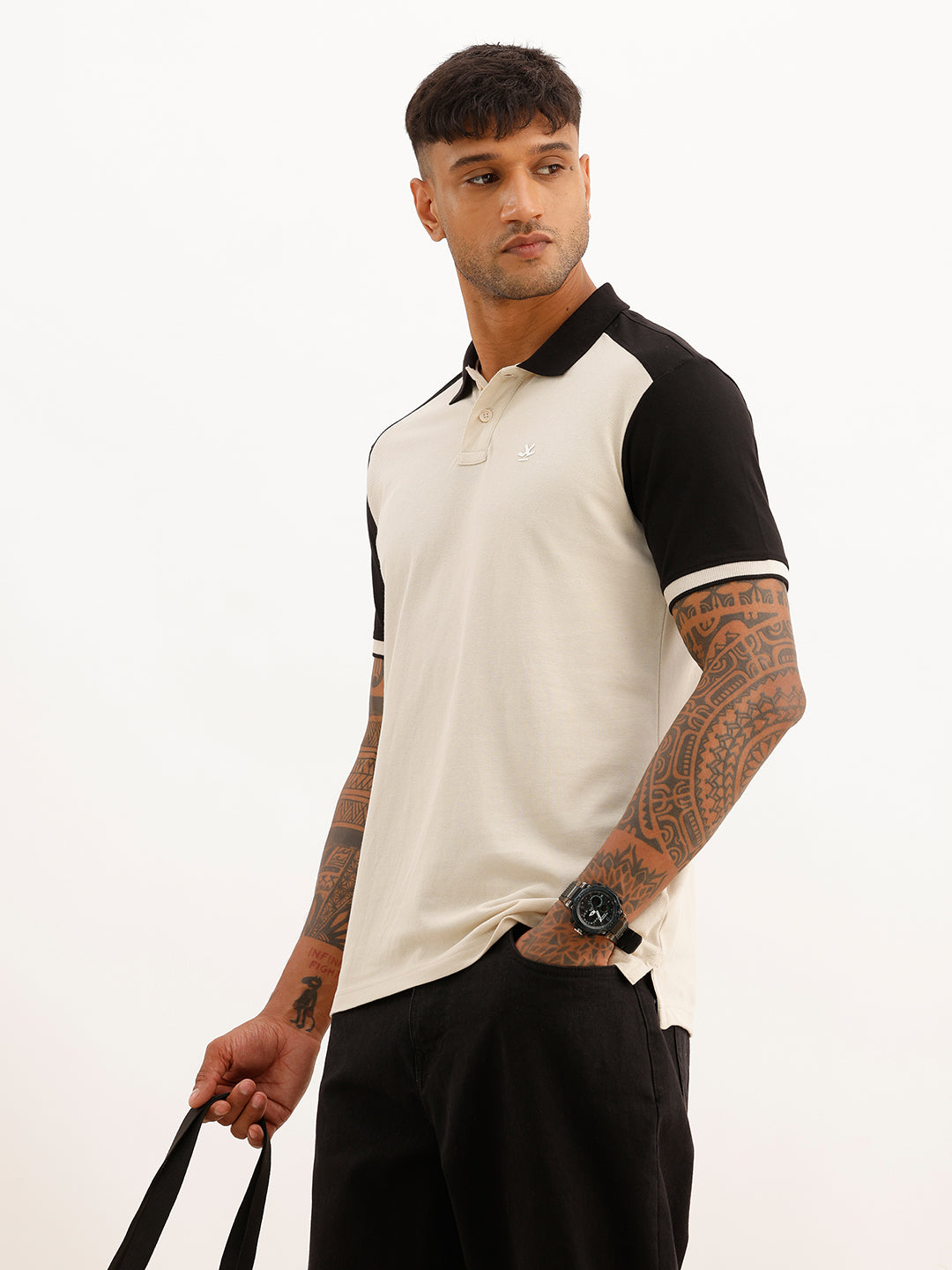 Classic Regular Fit Contrast Sleeve Polo T-Shirt | Beige
