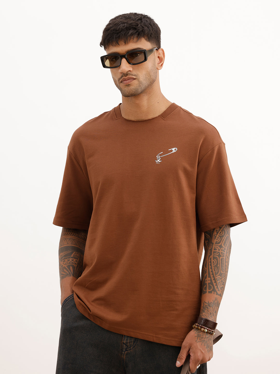 Oversized Placement Printed T-Shirt | Brown