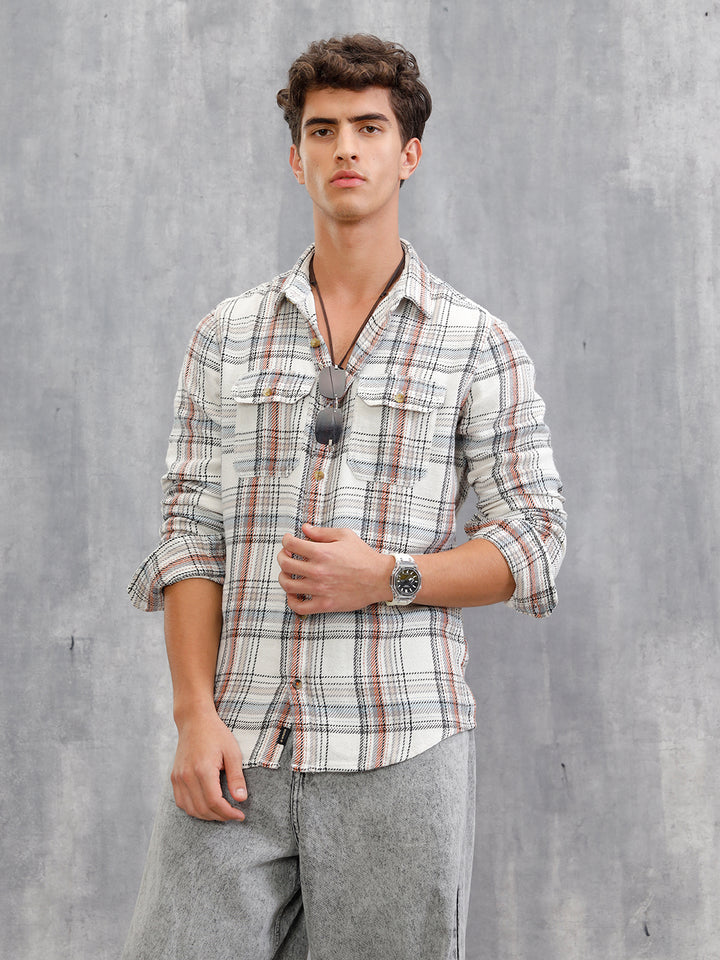 Textured Utility Check Shirt In Slim Fit | White