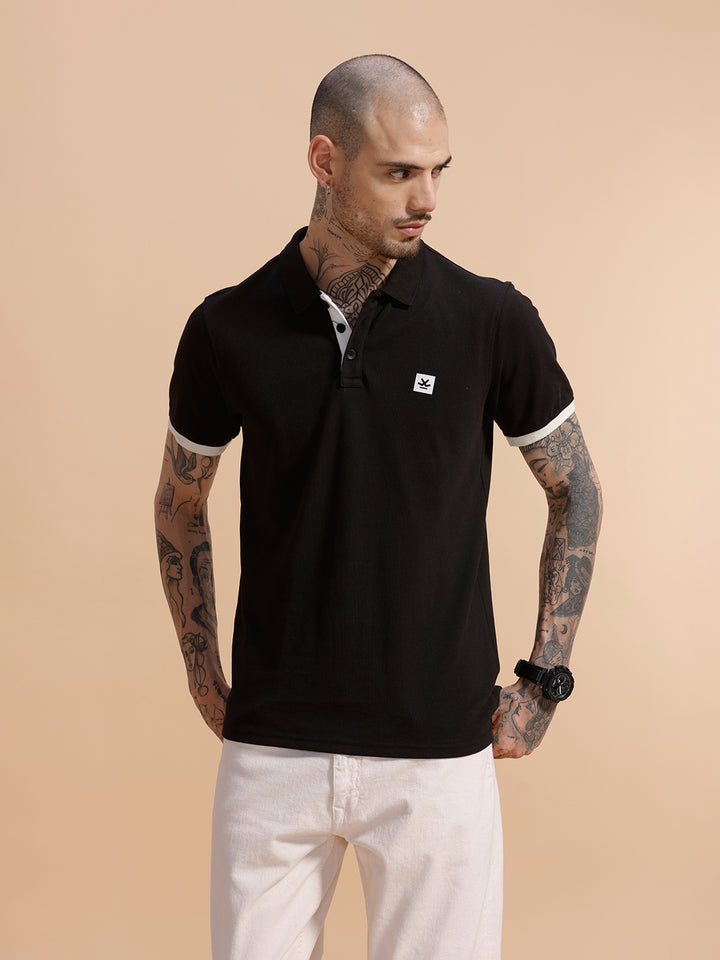 Contrast Rib Pique Polo T-Shirt | Black