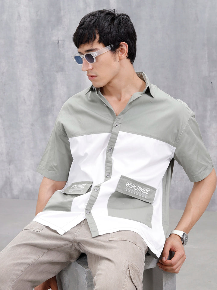 Oversized Fit Colourblock Shirt With Contrast Utility Pockets | White And Grey