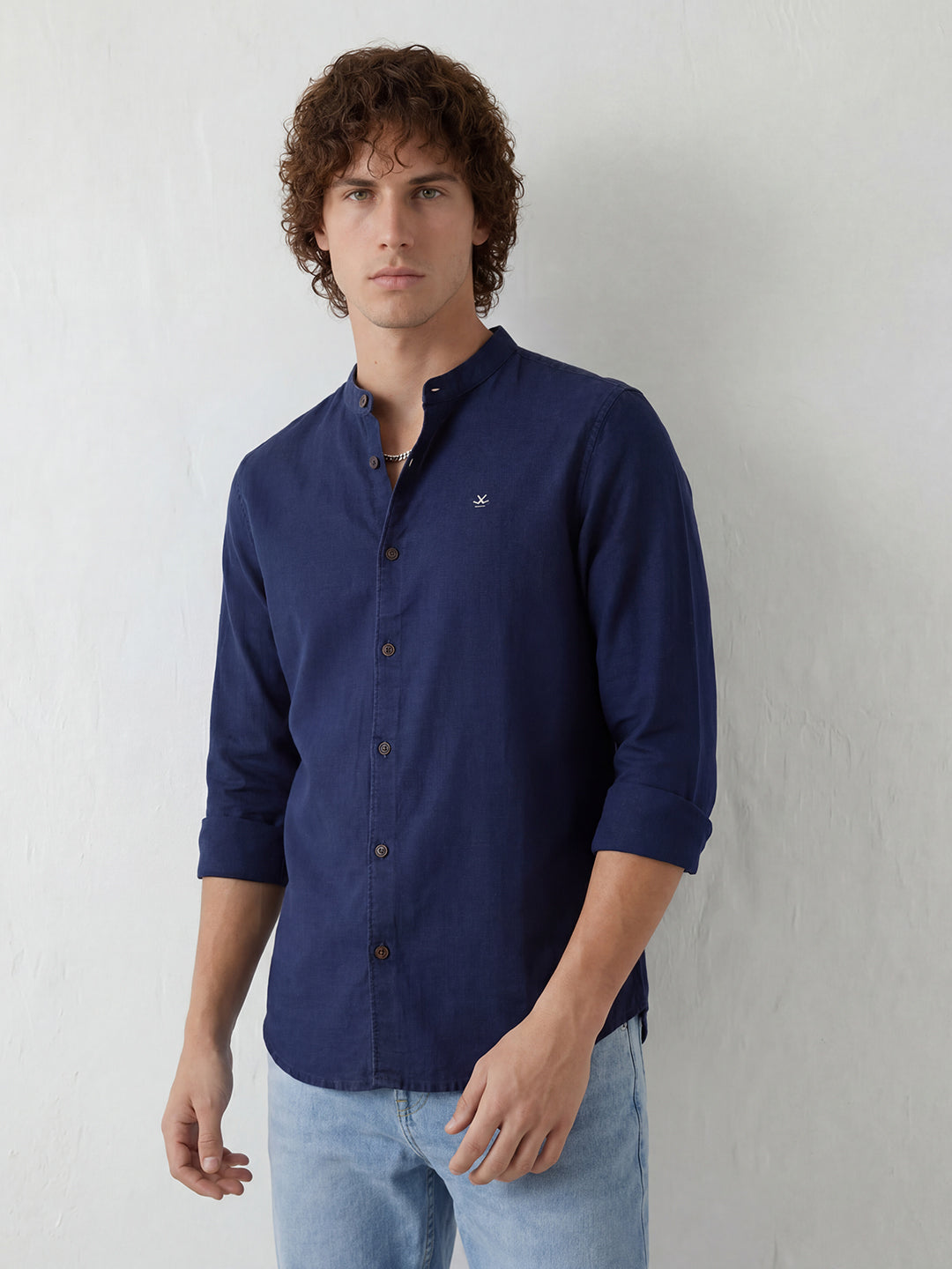 Slim Fit Mandrin Collar Shirt | Navy Blue