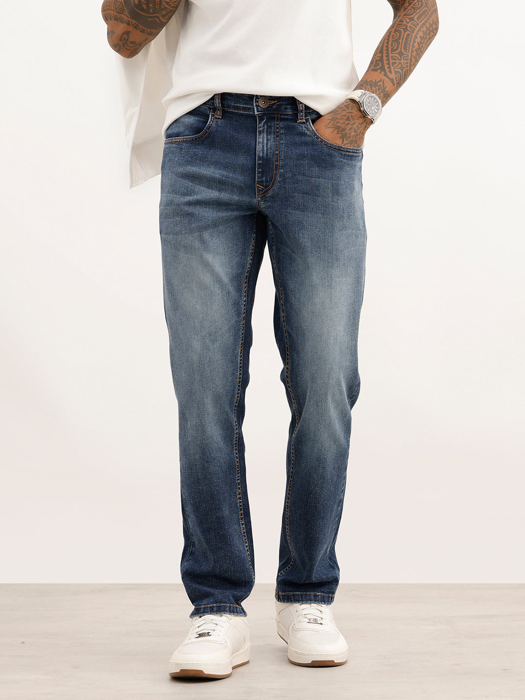 Washed Straight Fit Denim Jeans | Light Blue