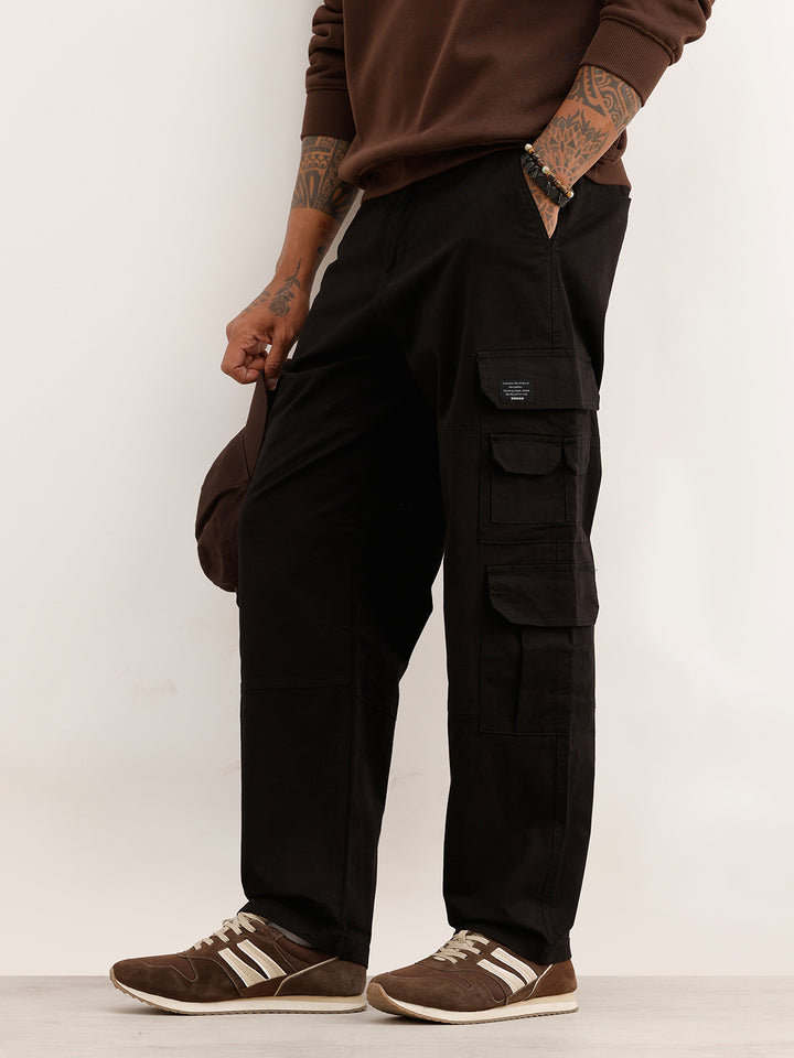 Solid Loose Fit Cargo Trouser | Black