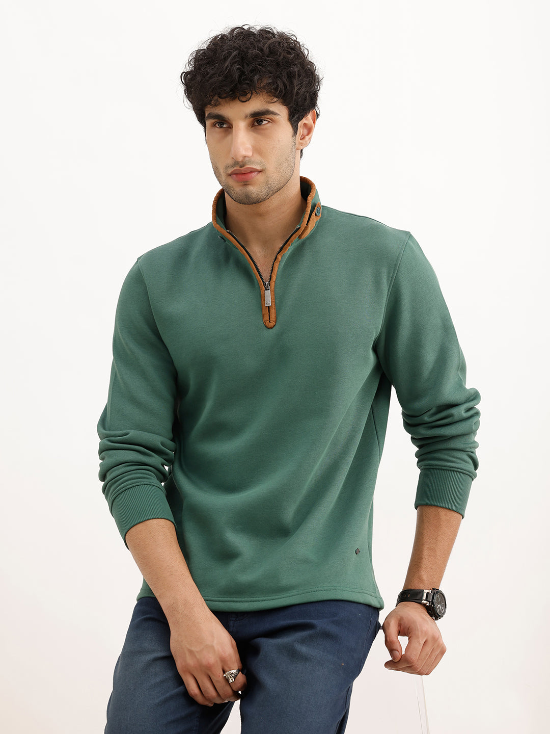 Solid Contrast Quarter Zipper Sweatshirt | Green