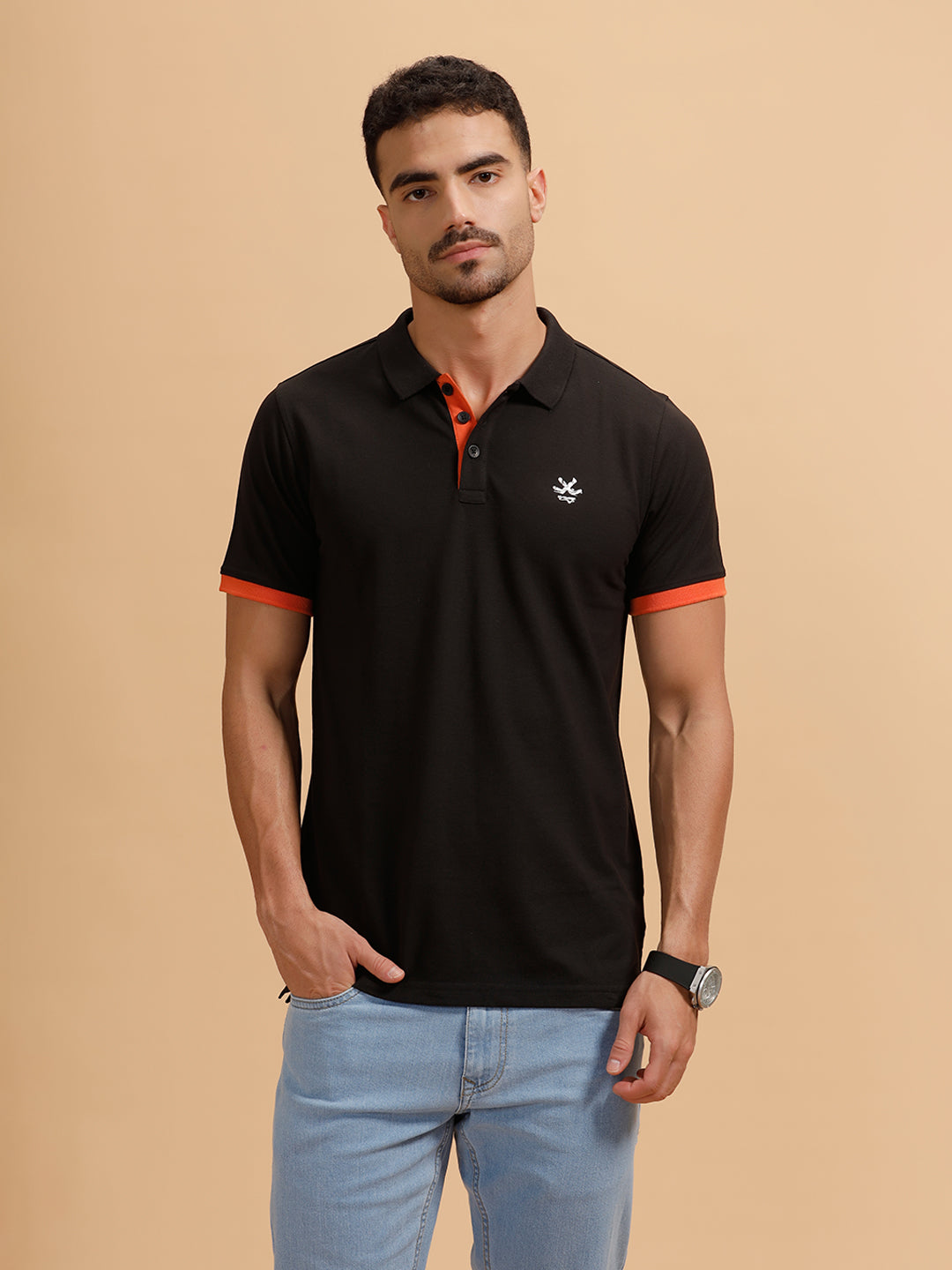 Contrast Details Slim Fit Polo T-Shirt |Black