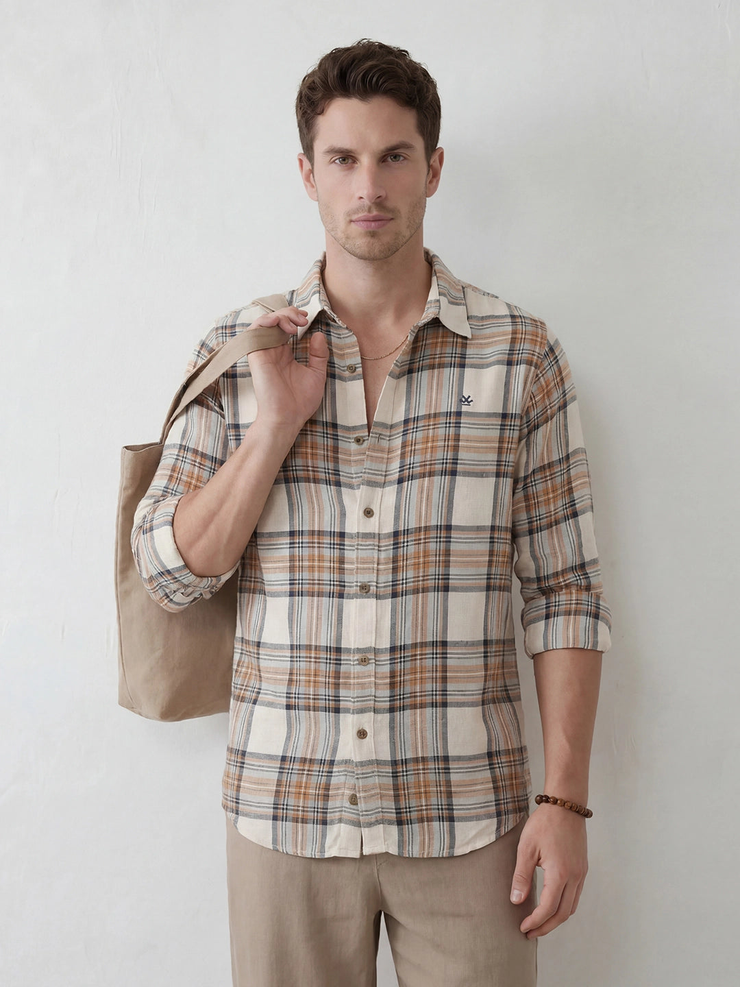 Classic Slim Fit Checkered Shirt | Beige