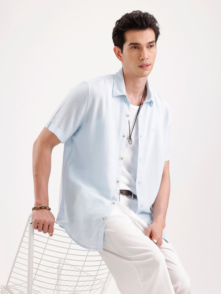 Slim Fit Half Sleeve Linen Blend Shirt  | Light Blue